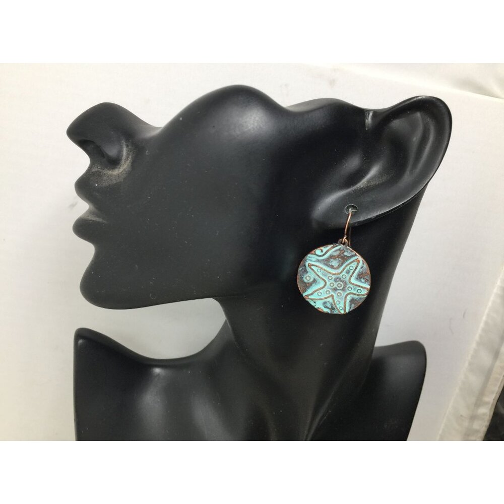 Women's Stamped Star Fish Blue Dangle Earrings